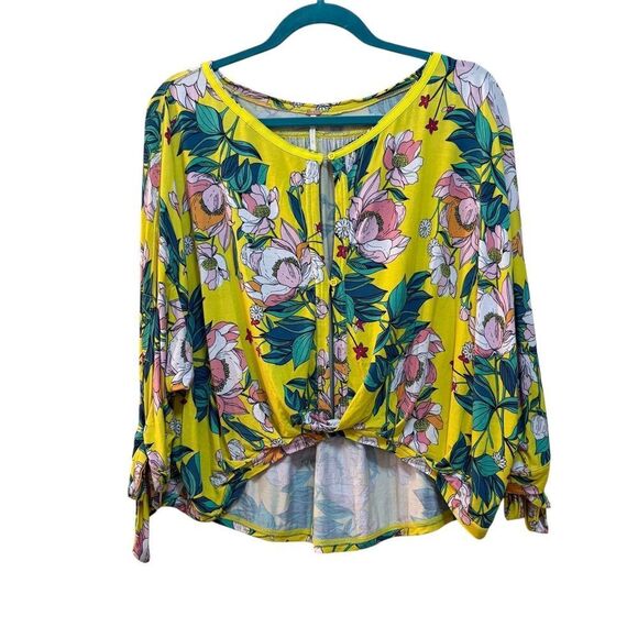 Free People Blouse Womens XS Yellow Floral Tie Front Button Boho Top Lightweight - Picture 1 of 8